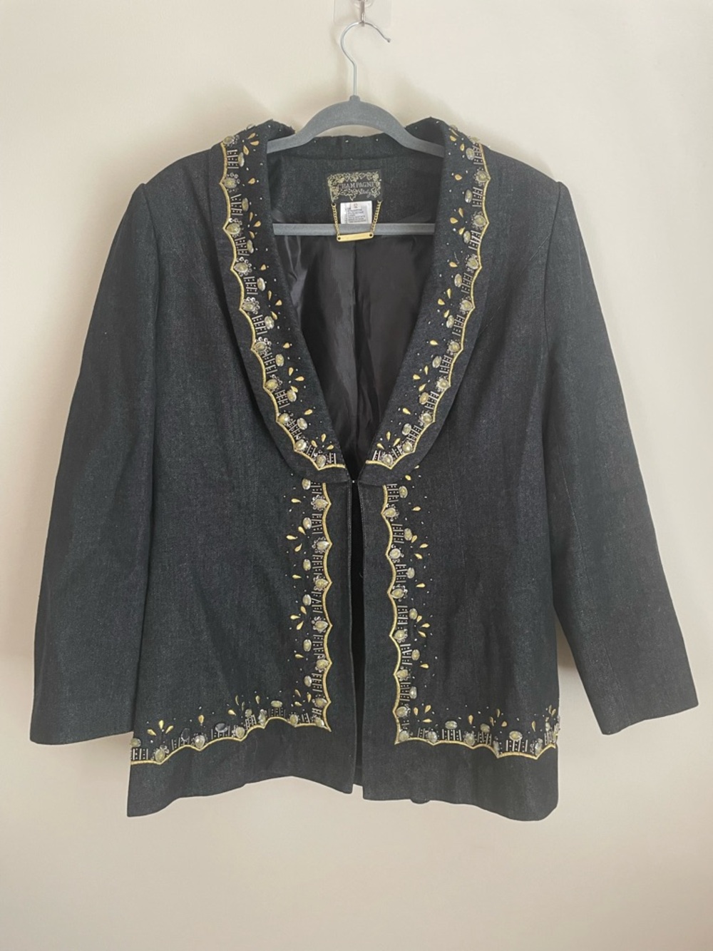 VTG Champagne Italy Gold Embroidered Silver Beaded Black Jacket Blazer Size 12